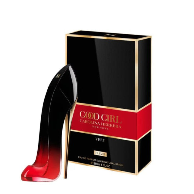Perfume bottle and packaging of 'Good Girl' by Carolina Herrera on a white background