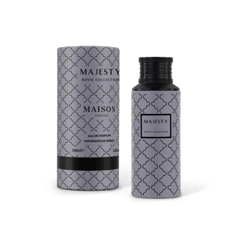 Maison Asrar Majesty Eau De Parfum 100ML luxury oriental fragrance with woody amber and musk notes available online in Doha Qatar at Fantasy Centre