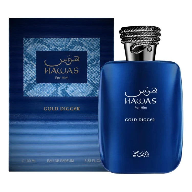 Rasasi Hawas Gold Digger EDP 100ML men's woody fragrance with pear, mint, vanilla and amber available in Doha Qatar